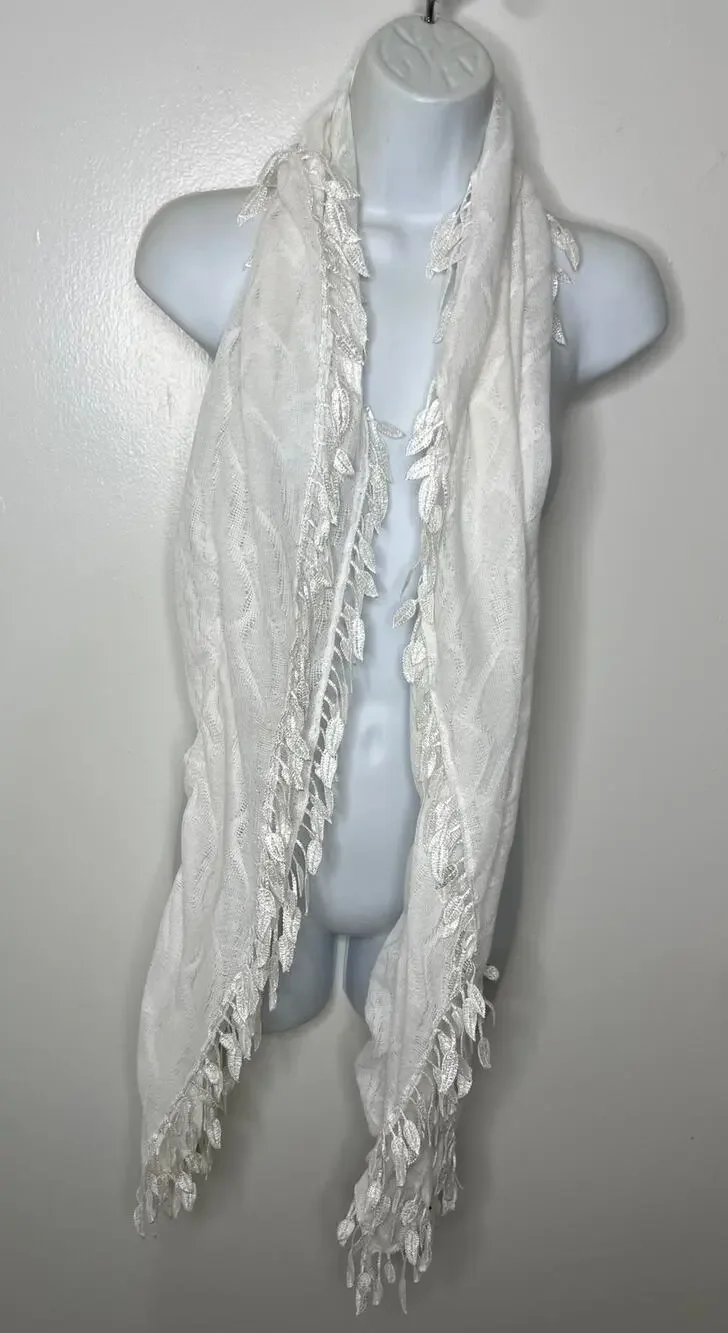 Gathered White Semi-Sheer Leaf Fringe Scarf Shawl Wrap ~ 75